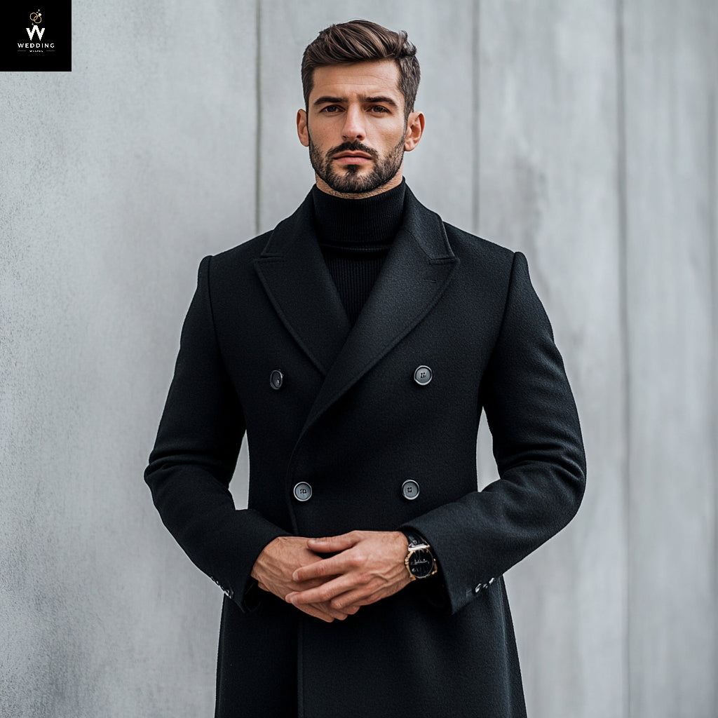 Men's Black Wool Long Overcoat – Peak Lapel Winter Warmth