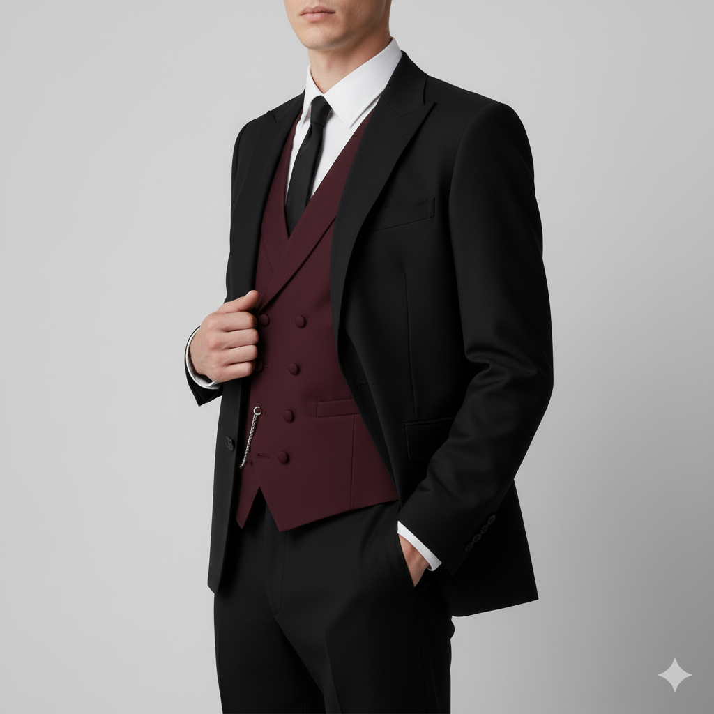 Men's Three-Piece Black Suit with Burgundy Waistcoat Peaked