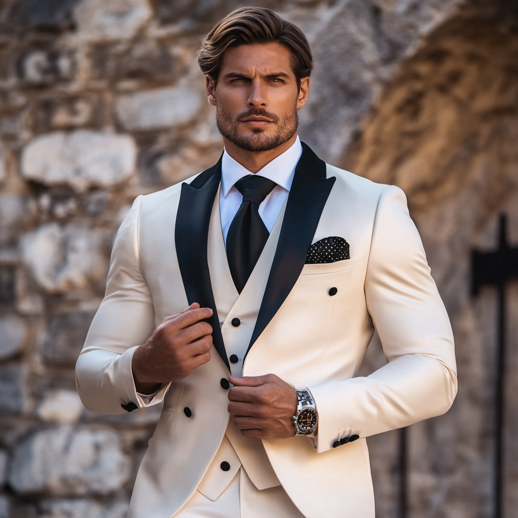 Men's 3-Piece Ivory Suit with Peak Lapel Black Tuxedo