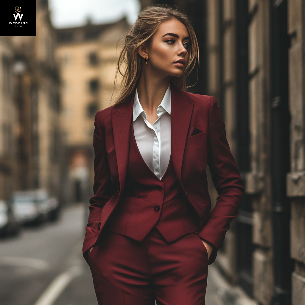 Burgundy Women's Three-Piece Pant Suit Stylish Pant Suits for Ladies 50 / 38 Burgundy Women's Three-Piece Pant Suit Stylish Pant Suits for Ladies 50 / 38