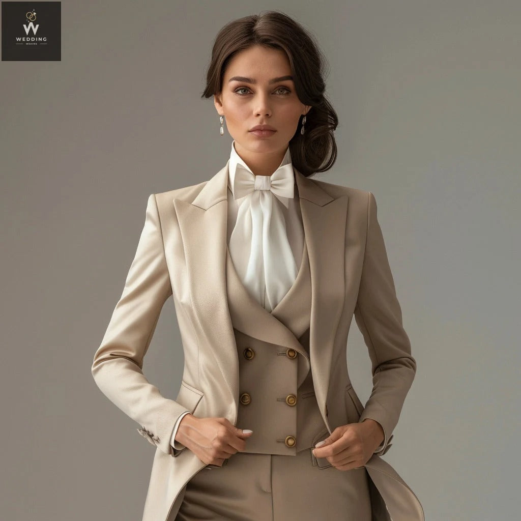 Beige Women's Three-Piece Tuxedo Suit - Elegant Dressy Pant Suit 34 / 30 Beige Women's Three-Piece Tuxedo Suit - Elegant Dressy Pant Suit 34 / 30