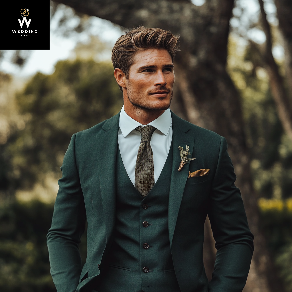 Men's 100% Merino Wool Three-Piece Green Suit – Wedding, Engagement, P