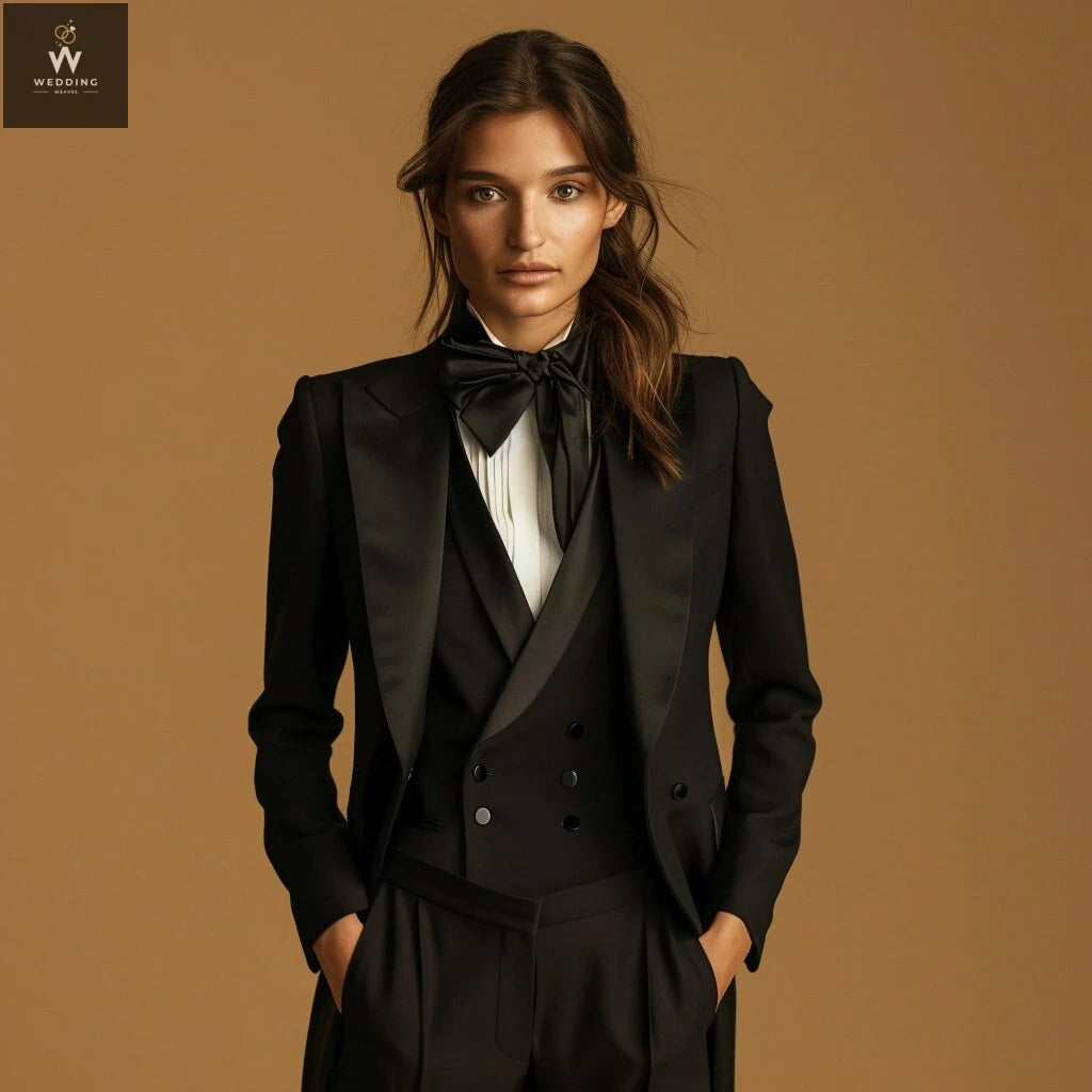 Women s Black Three Piece Tuxedo Suit Double Breasted Vest 32 30