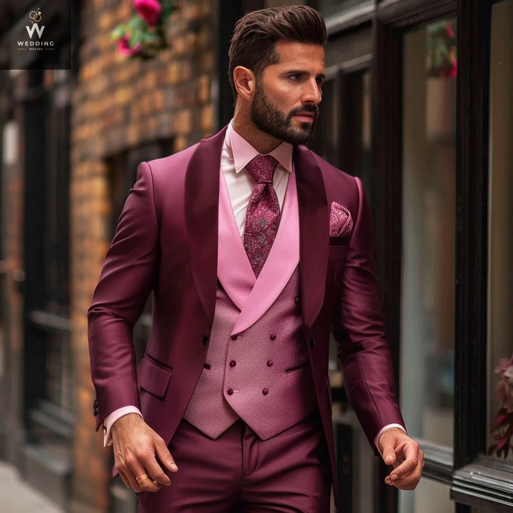 Men s Burgundy 3 Piece Suit Custom Pink Bespoke Wedding Attire