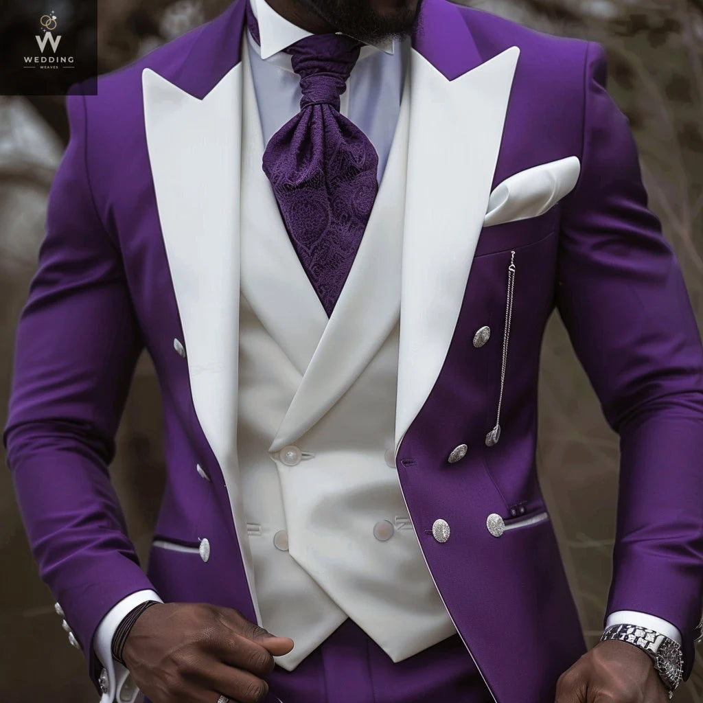 Purple Three-Piece Easy Fit Wedding Suit with Black Lapel main image 0