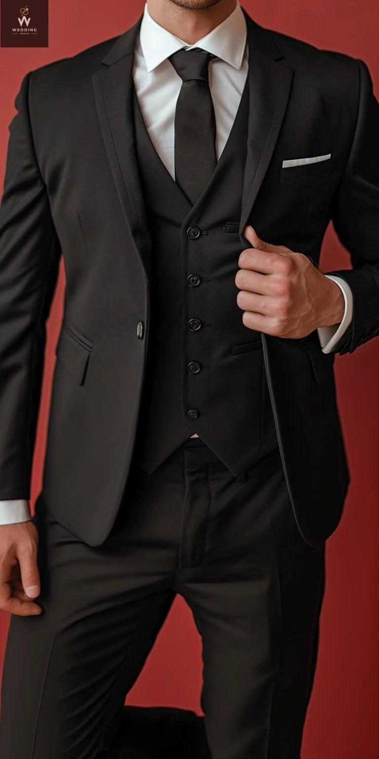 Men's Black Three-Piece Suit - Stylish Custom Made Wedding Suits 48 / 30 Men's Black Three-Piece Suit - Stylish Custom Made Wedding Suits 48 / 30