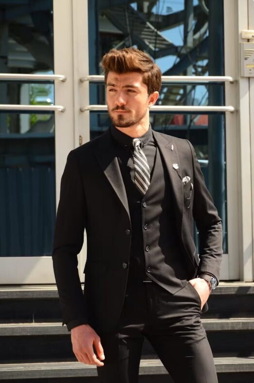 Custom Three-Piece Black Suit for Men Tailored Wedding Attire
