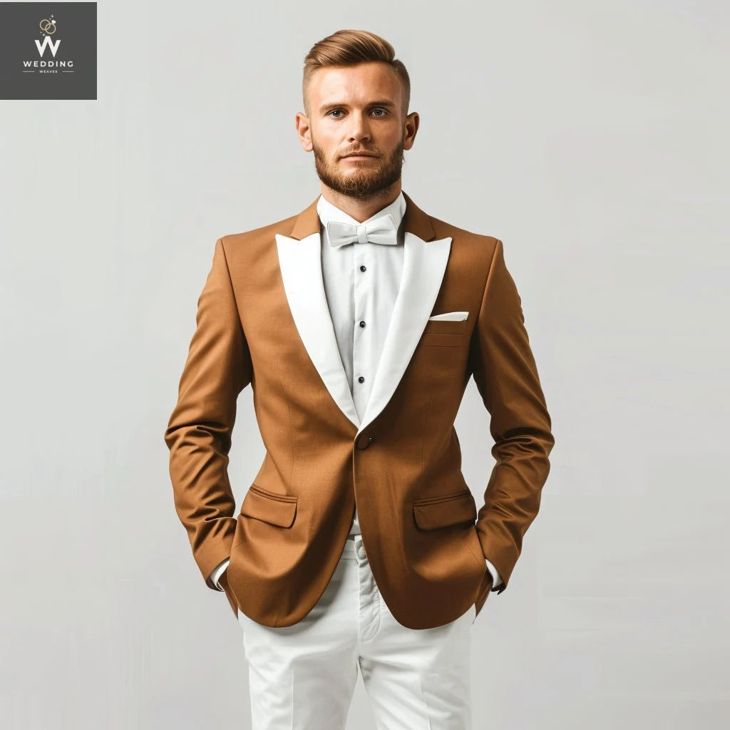 Stylish Brown Tuxedo Suit for Men – White & Brown Bespoke Wedding Attire 48 / 36