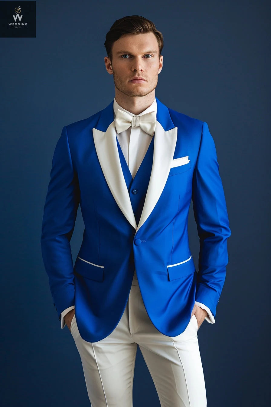 Men's Stylish Blue Tuxedo Suit  Blue & White Bespoke Wedding Attire 48 / 32