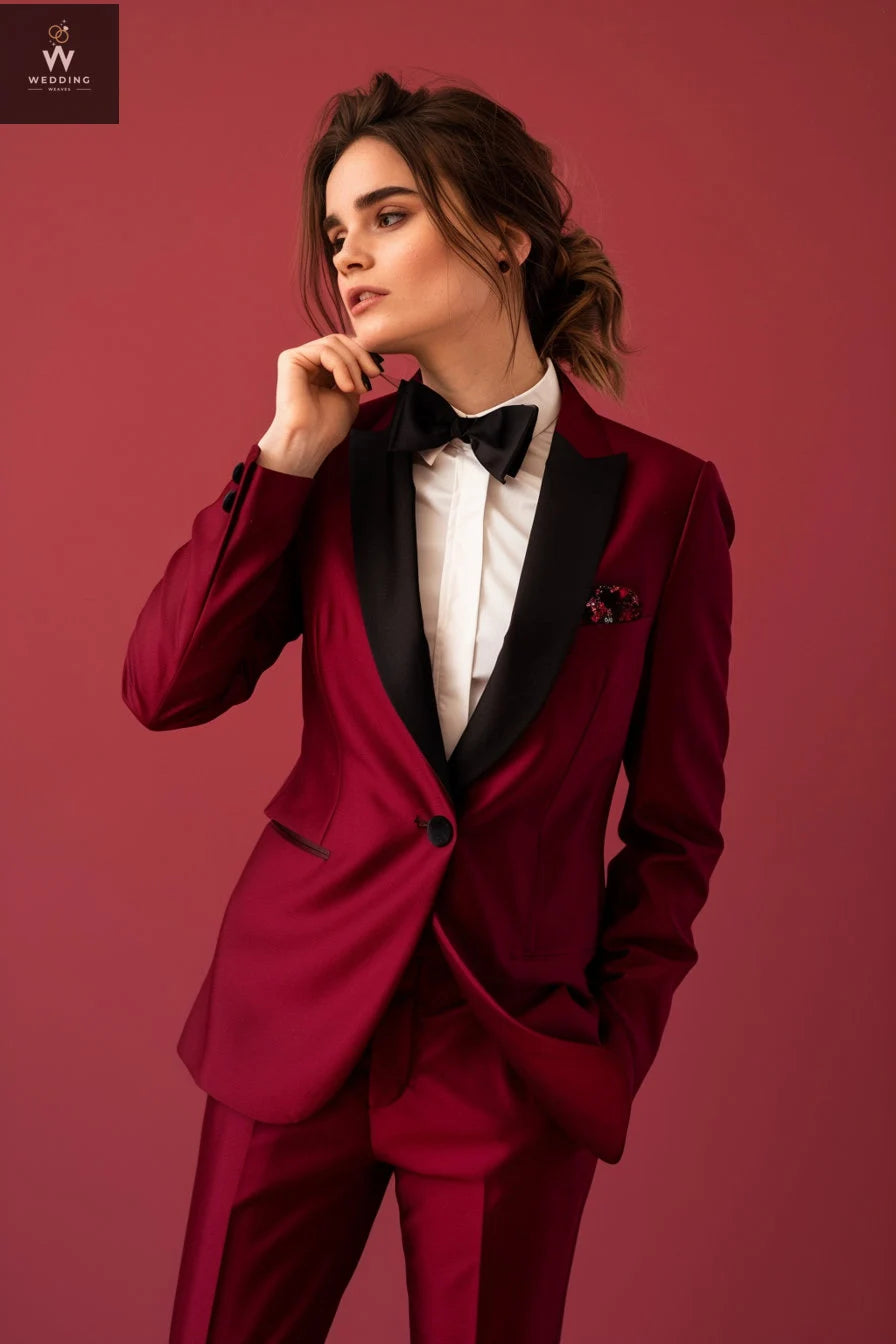 Women's Burgundy & Black Bespoke Tuxedo – Elegant Two-Piece Bridal Att