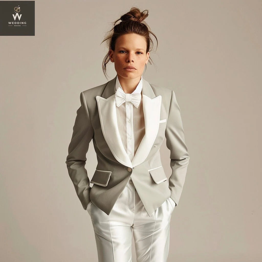 Silver Tuxedo Jacket Ladies Grey Tuxedo Suit For Women Grey White Two-Piece Wedding Attire 46 42 Silver Tuxedo Jacket Ladies Grey Tuxedo Suit For Women Grey White Two-Piece Wedding Attire 46 42