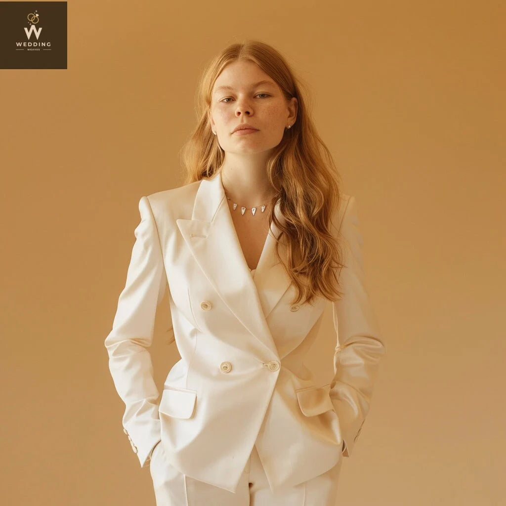 Cream Tuxedo Suit for Women Double-Breasted Two-Piece Wedding Attire 44 / 36 Cream Tuxedo Suit for Women Double-Breasted Two-Piece Wedding Attire 44 / 36