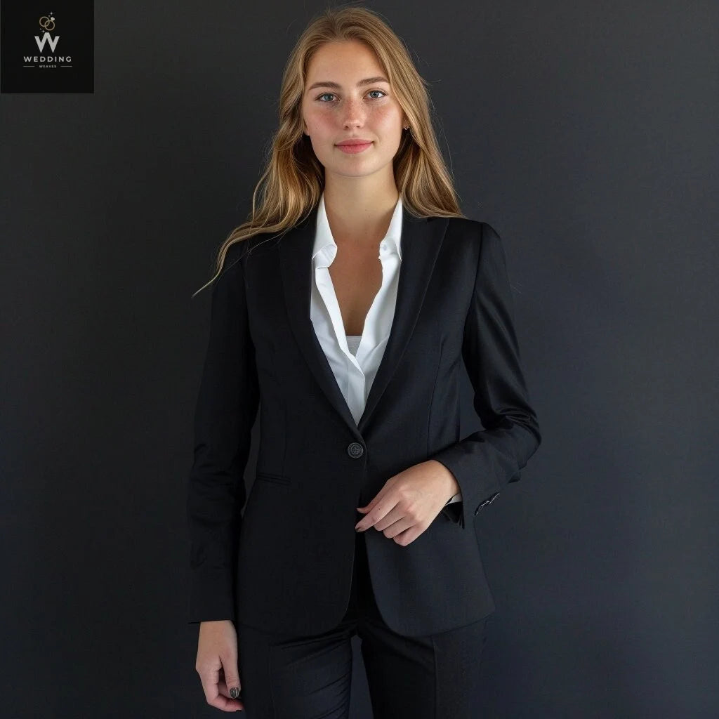 Black Two-Piece Suit for Women – Dressy Pant Suit Set 38 / 32 Black Two-Piece Suit for Women – Dressy Pant Suit Set – Wedding Weaves