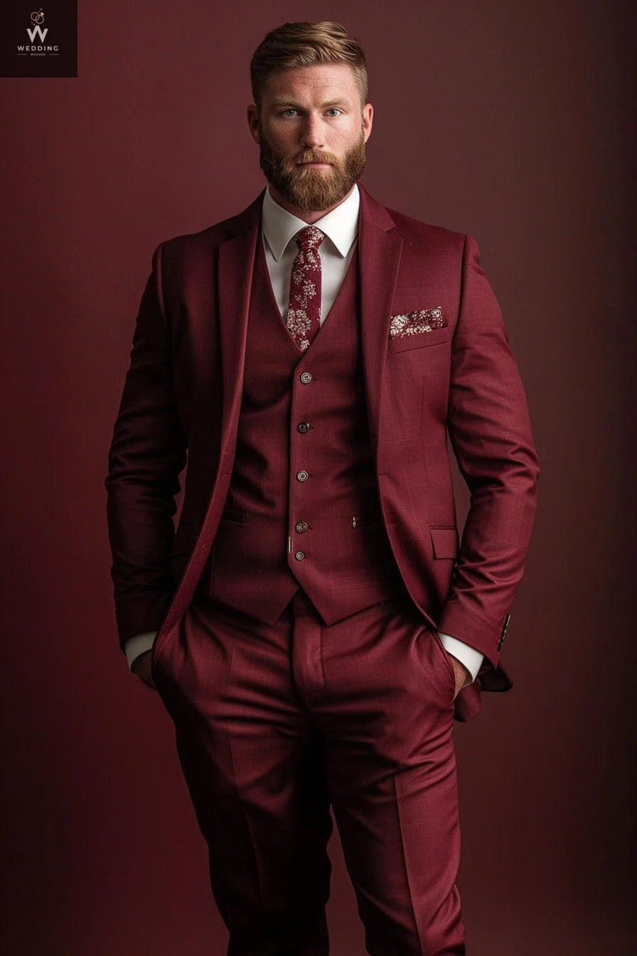 Men's Burgundy Three-Piece Wedding Suit - Custom Made and Bespoke Suit 42 / 40 Men's Burgundy Three-Piece Wedding Suit - Custom Made and Bespoke Suit 42 / 40