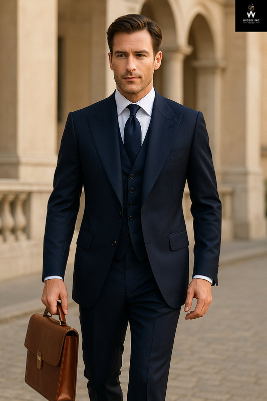 Men’s Navy Blue 3 Piece Suit – Formal Jacket, Vest & Trouser Set