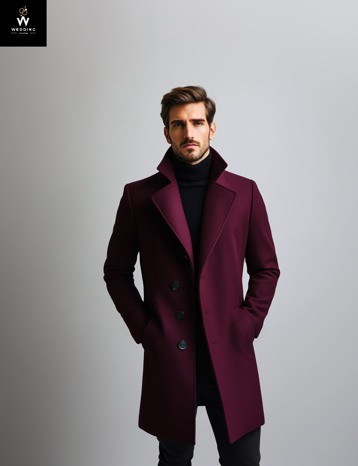 Men’s Burgundy Wool Long Trench Coat – Wide Peak Lapel & Timeless Design