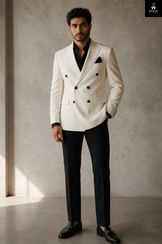 Men's Ivory Double-Breasted Wedding Suit with Black Pants