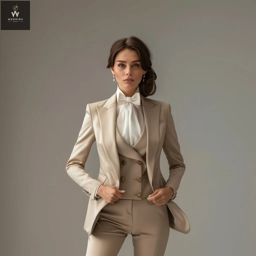 Beige Women's Three-Piece Tuxedo Suit - Elegant Dressy Pant Suit 34 / 30 Beige Women's Three-Piece Tuxedo Suit - Elegant Dressy Pant Suit 34 / 30