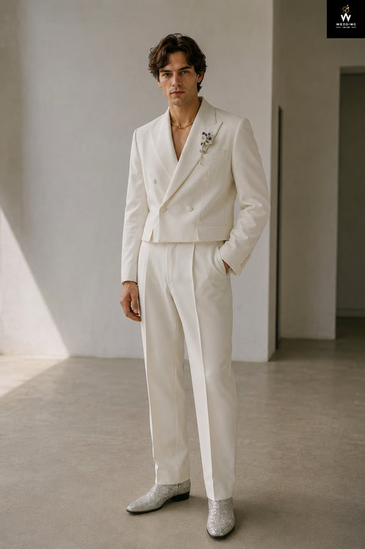 Men's White Cropped Double-Breasted Wedding Suit