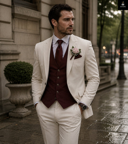Beige 3 Piece Suit for Men with Burgundy Vest