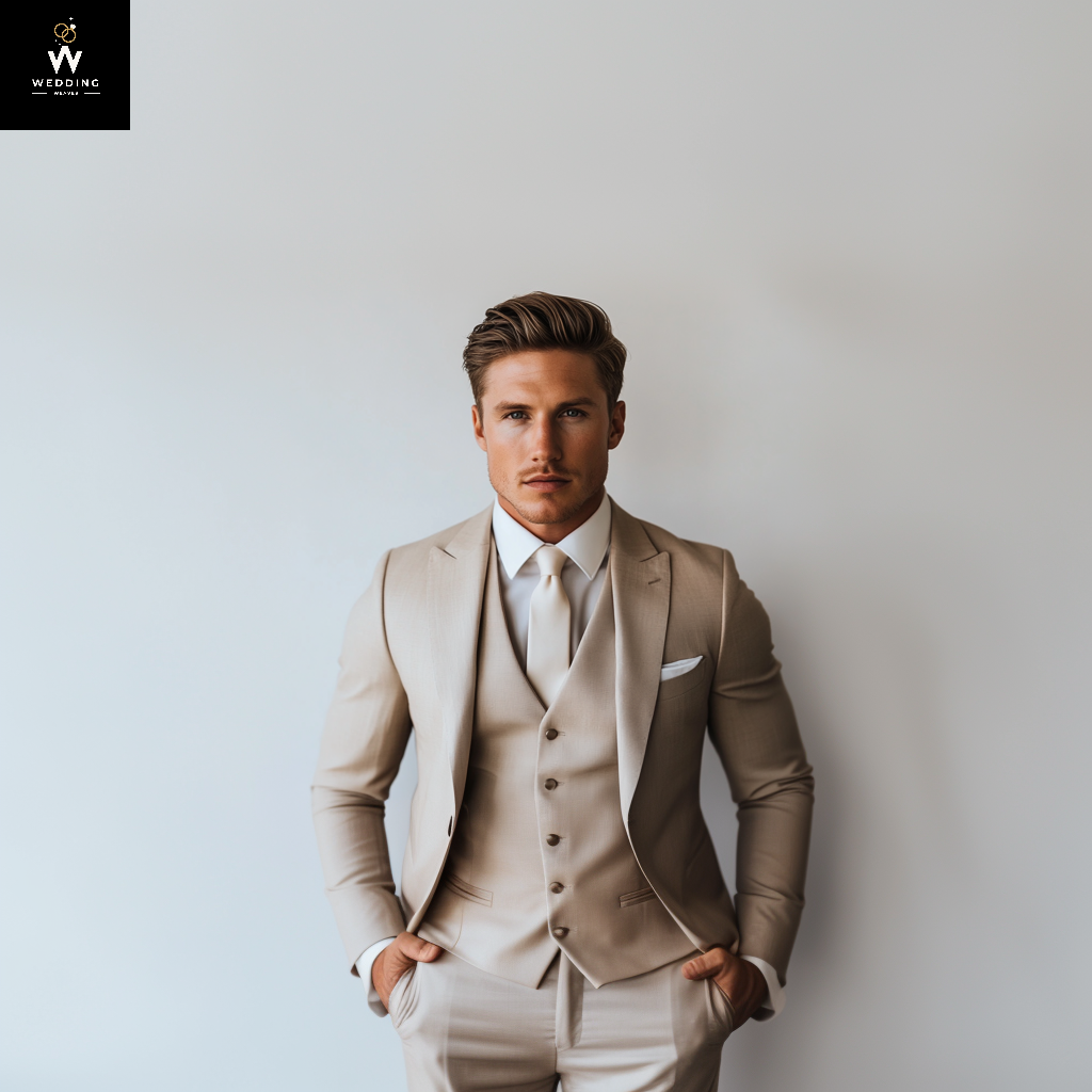 beige three piece suit