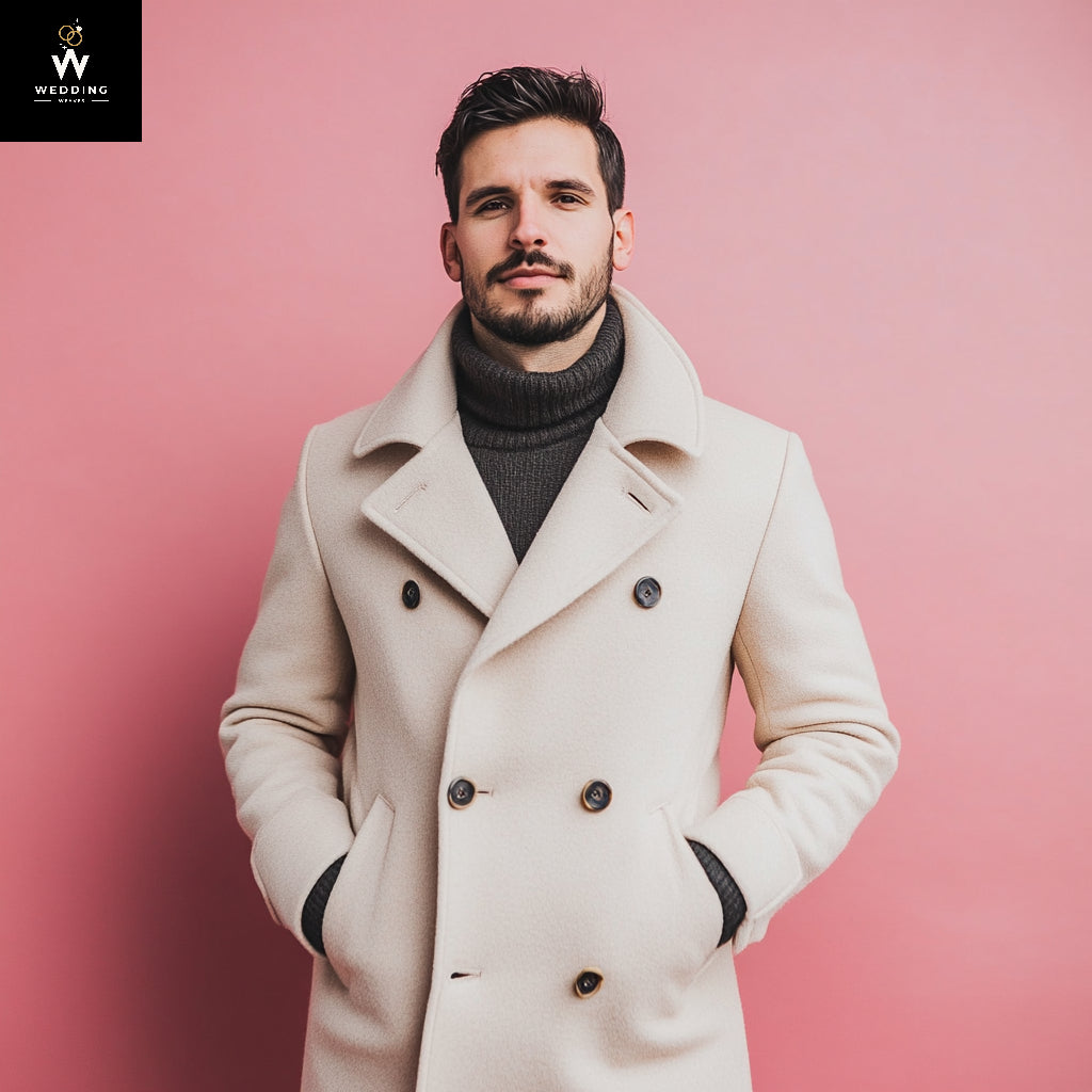 Handmade Premium Beige Tweed Men's Long Trench Coat – Elegant Winter, Business & Casual Wear