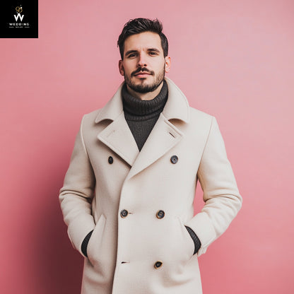 Handmade Premium Beige Tweed Men's Long Trench Coat – Elegant Winter, Business & Casual Wear