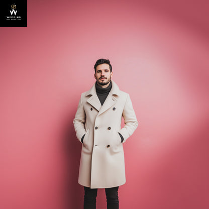 Handmade Premium Beige Tweed Men's Long Trench Coat – Elegant Winter, Business & Casual Wear