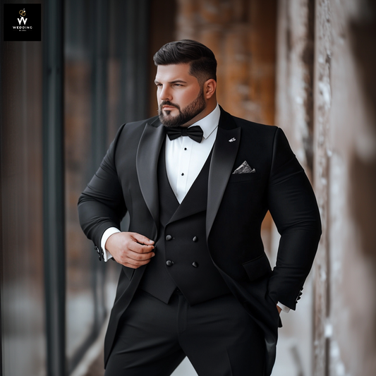 Bespoke Black Tuxedo with Elegant Double-Breasted Vest for Big Men