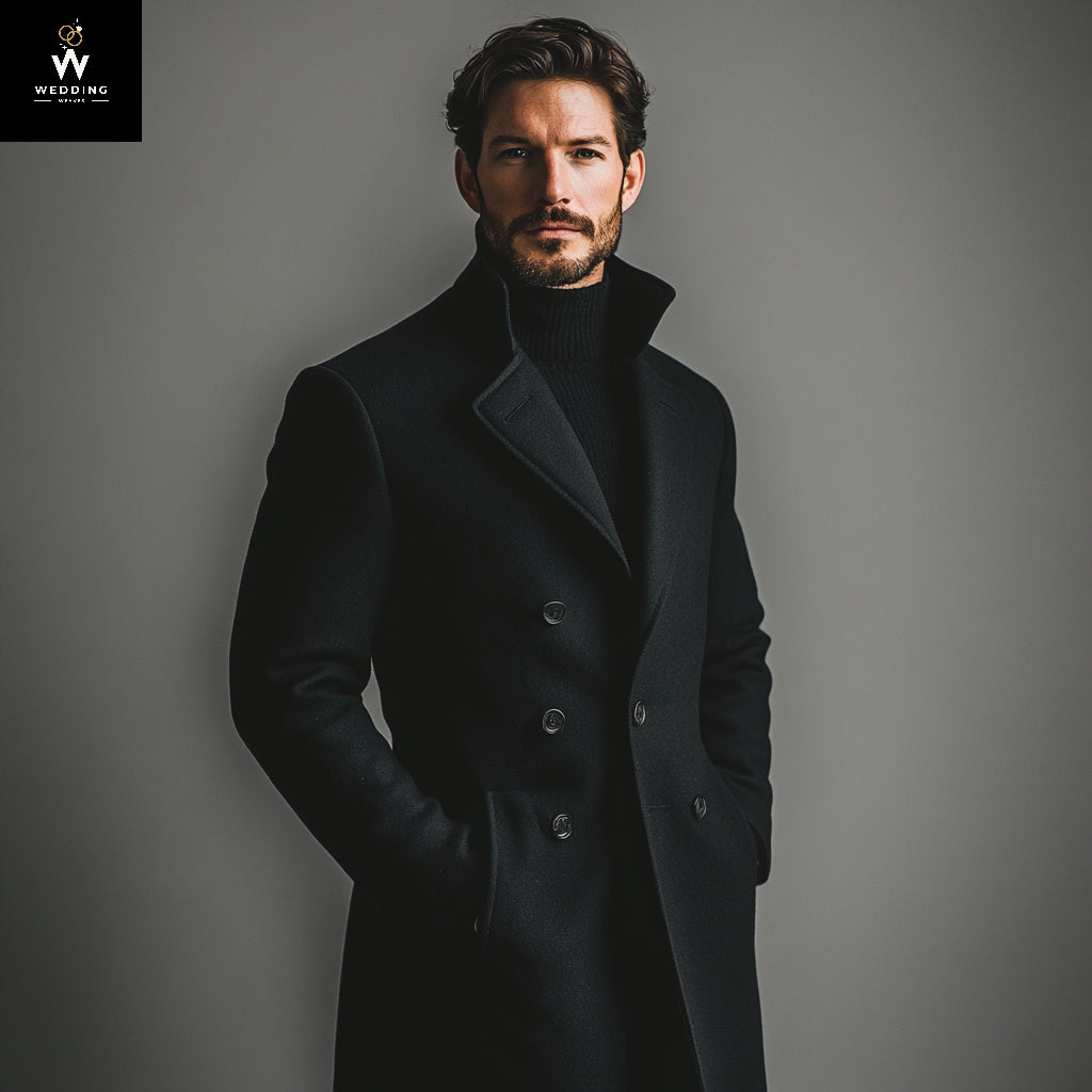 Men's Black Tweed Long Overcoat - Vintage Slim Fit Trench Coat for