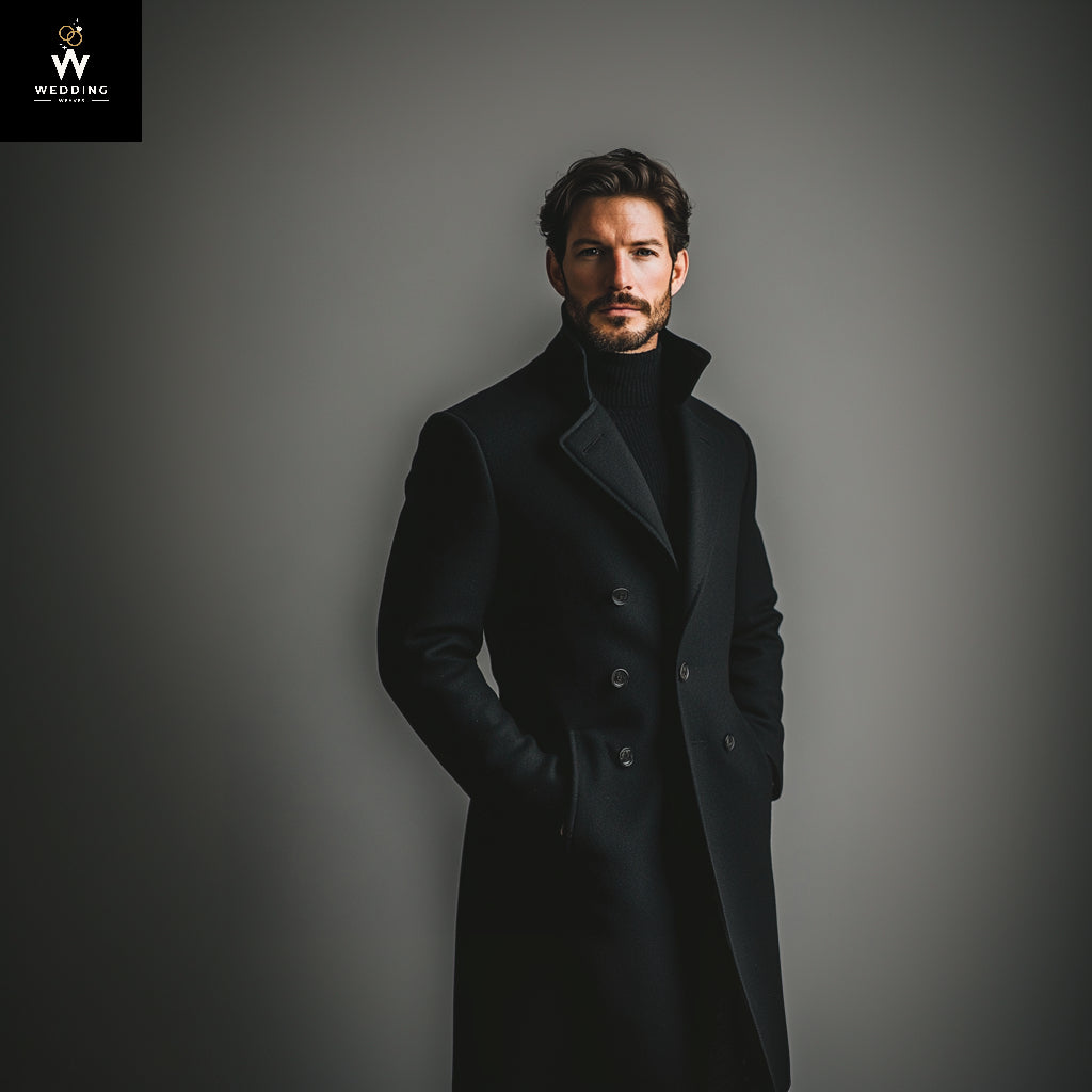 Men's Black Tweed Long Overcoat - Vintage Slim Fit Trench Coat for Business Casual & Winter Wear