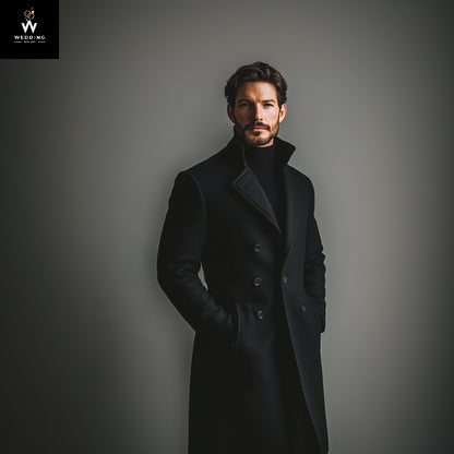 Men's Black Tweed Long Overcoat - Vintage Slim Fit Trench Coat for Business Casual & Winter Wear