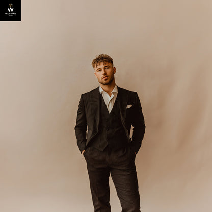 Men’s Black Pinstripe 3-Piece Suit – Classic Tailoring with a Modern Edge