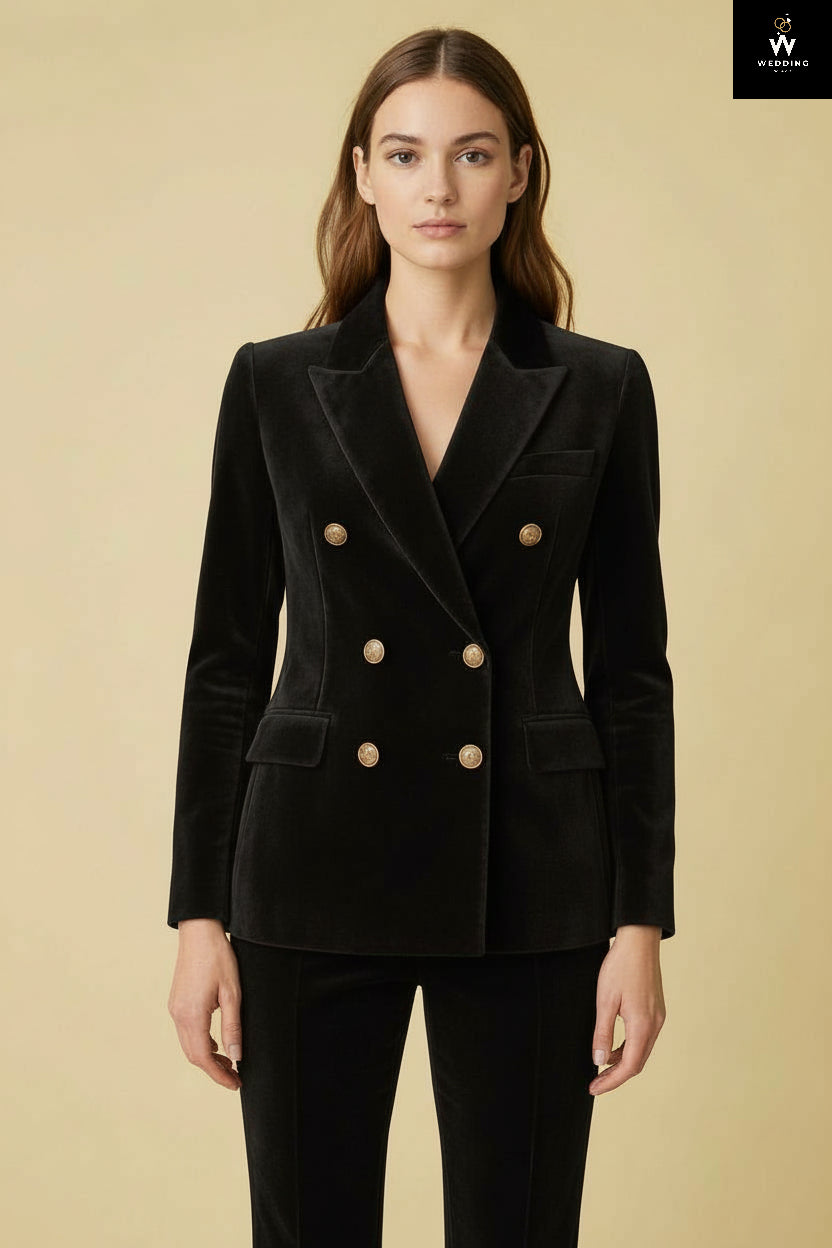 Women’s Black Velvet Tuxedo Suit – Tailored Pant Suit for Business & Party Wear