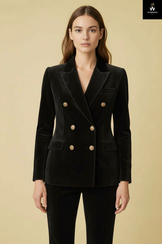 Women’s Black Velvet Tuxedo Suit – Tailored Pant Suit for Business & Party Wear