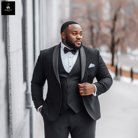 Bespoke Black Tuxedo with Shawl Satin Lapel for Big Men – Tailored Large Sizes