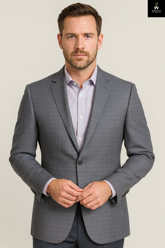 Men’s Grey Plaid Blazer with Dark Grey Trouser – Two Piece Set