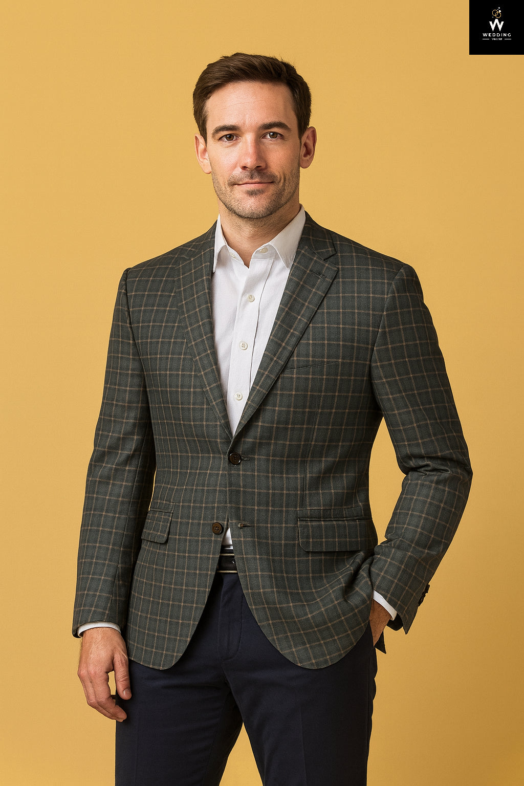 Men’s Dark Olive Green Plaid Blazer with Tan Windowpane Checks – Tailored Fit