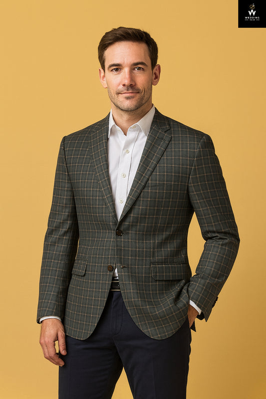 Men’s Dark Olive Green Plaid Blazer with Tan Windowpane Checks – Tailored Fit