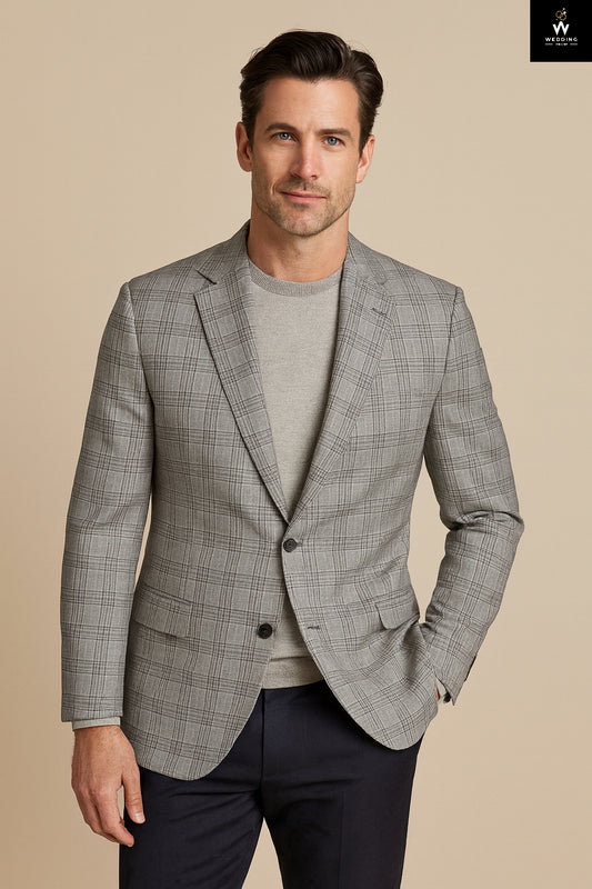 Men’s Grey Plaid Blazer with Navy Blue Trouser – Formal Two Piece Outfit