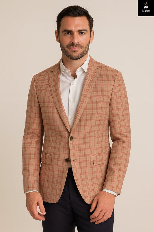 Men’s Camel Plaid Blazer and Black Trouser Set – Office & Wedding Outfit