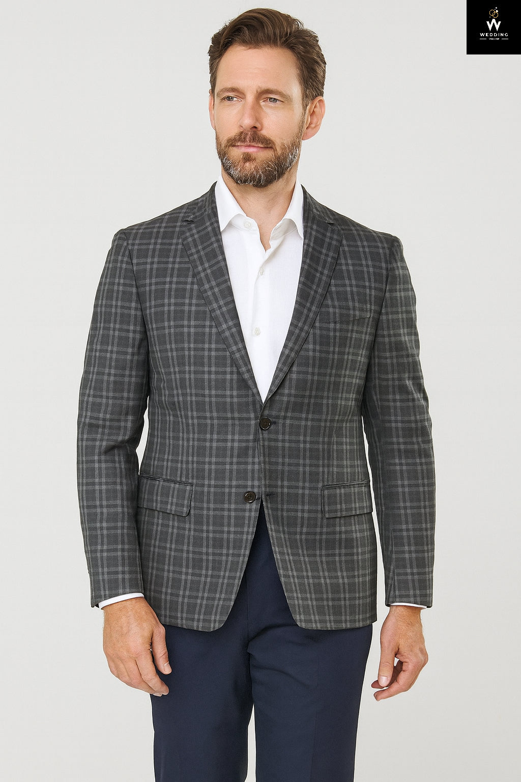 Men’s Grey Plaid Blazer with Navy Trousers – Office & Wedding Outfit