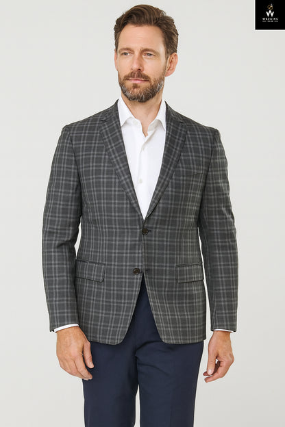 Men’s Grey Plaid Blazer with Navy Trousers – Office & Wedding Outfit
