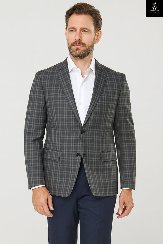 Men’s Grey Plaid Blazer with Navy Trousers – Office & Wedding Outfit