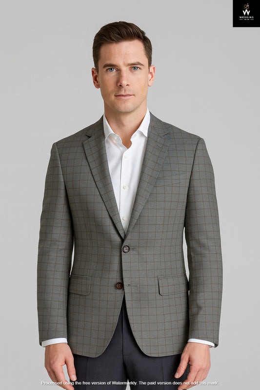 Grey Check Blazer with Brown Windowpane and Black Trouser for Men – Two Piece Set