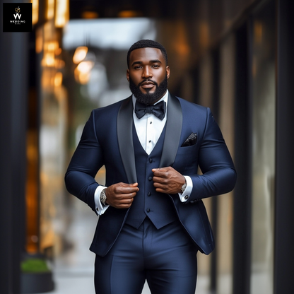 Bespoke Blue Wedding Tuxedo with Black Shawl Satin Lapel for Big Men