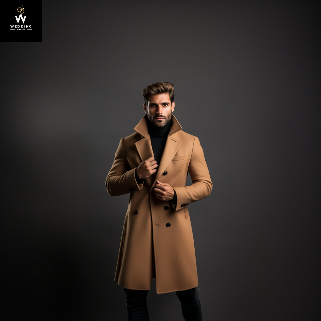 Men's Brown Wool Long Overcoat – Vintage Slim Fit Trench Coat, Business Casual Winter Windbreaker