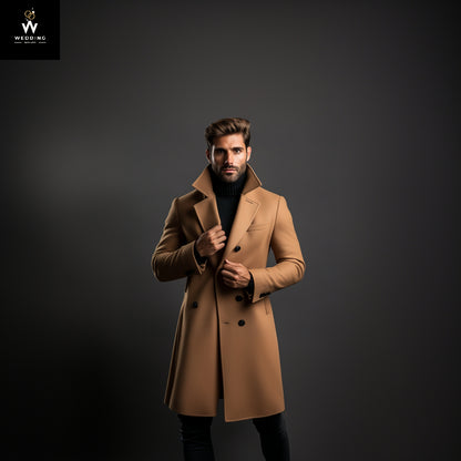 Men's Brown Wool Long Overcoat – Vintage Slim Fit Trench Coat, Business Casual Winter Windbreaker