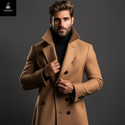 Men's Brown Wool Long Overcoat – Vintage Slim Fit Trench Coat, Business Casual Winter Windbreaker