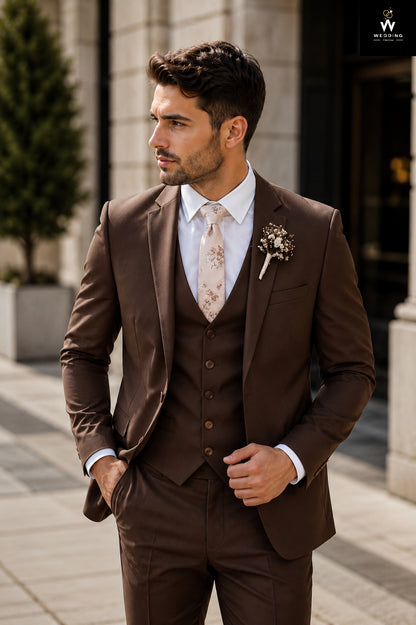 Men's Dark Brown Three Piece Suit – Wedding Groom, Prom & Formal Occasion Attire